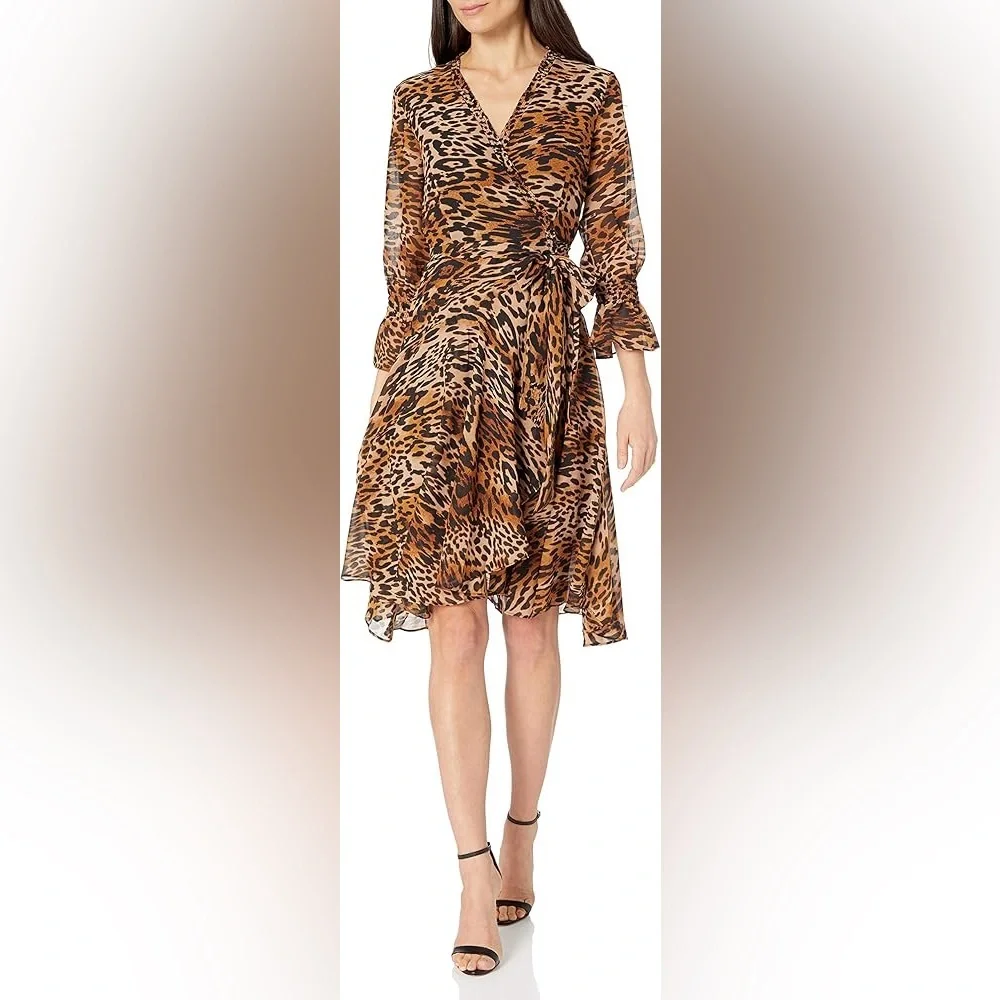 Tahari ASL Long Sleeve Surplice Leopard Print Dress with Tie Waist Size 8 - Picture 3 of 9